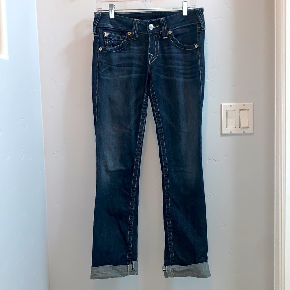 True religion dark blue denim ankle crop jeans size 27